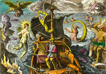 Allégorie sur les voyages du navigateur Fernand de Magellan, représenté sur son navire utilisant une sphère armillaire et entouré de personnages mythologiques et d