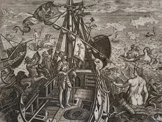 Allégorie du voyage de Christophe Colomb à la découverte du Nouveau Monde, gravure par Theodor de Bry