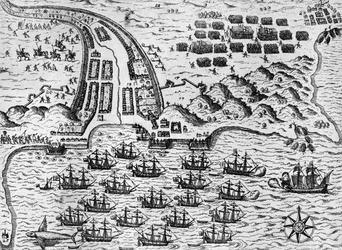 Attaque de Santiago le 27 novembre 1585 (gravure)