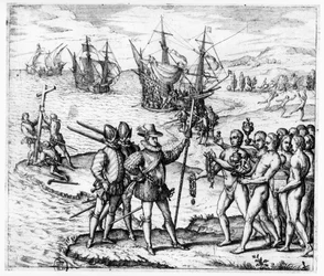 Christophe Colomb (1451-1506) recevant des cadeaux du cacique Guacanagari à Hispaniola (Haïti), tiré de « Americae Tertia Pars IV », 1594
