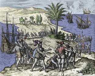 Christophe Colomb et son frère furent arrêtés par Francisco de Bobadilla en 1500. Gravure de Théodore de Bry (1528-1598).