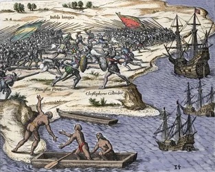 Quatrième voyage de Christophe Colomb en Jamaïque en 1502-1504 : bataille contre Francisco Poraz. Gravure de "Historia Americae sive Novi Orbis" par Theodor de Bry (1527-1598), Amsterdam 1594