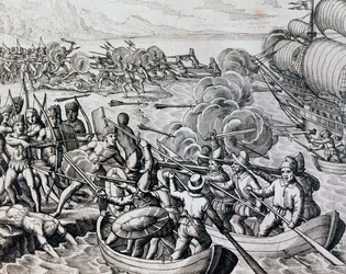 Affrontement entre Indiens natifs et troupes espagnoles, gravure tirée de Historia Americae, par Theodor de Bry (1528-1598), Francfort