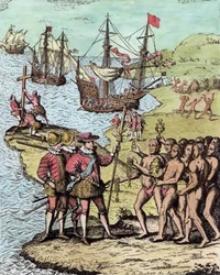 Colomb à Hispaniola, tiré de «The Narrative and Critical History of America», édité par Justin Winsor, Londres, 1886 (colorisation ultérieure)