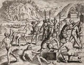 Description des crimes infligés aux Indiens par les colons espagnols - Conquistadors massacrant un village indien. Amputations des mains - Gravure de Théodore de Bry dans "Narratio regionum indicarum per Hispanos quosdam devastatarum verissima" par Bartolo