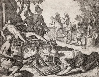 Description des crimes infligés aux Indiens par les colons espagnols - Scène de torture des Indiens par les conquistadors espagnols. Torture sur un grill, amputation des mains - Gravure de Théodore de Bry dans « Narratio regionum indicarum per Hispanos quo