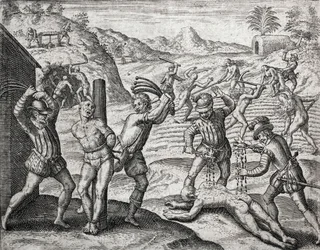 Description des crimes infligés aux Indiens par les colons espagnols - Espagnols torturant des Indiens - Gravure de Théodore de Bry dans « Brevisima Relacion de la Destruction de las Indias » par Bartolomé de las Casas (1484-1566)