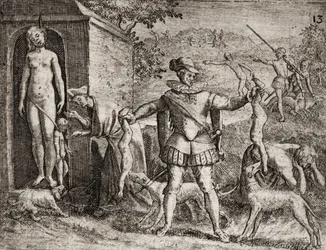Description des crimes infligés aux Indiens par les colons espagnols - Des conquistadors espagnols massacrent des femmes et des enfants indiens. Pendaisons. Enfants jetés aux chiens - Gravure de Théodore de Bry dans «Narratio regionum Indicarum per