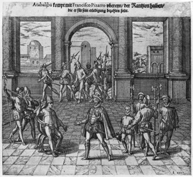 Le roi Atahualpa (c.1502-33) négociant sa rançon avec Francisco Pizarro, 1533 (gravure)