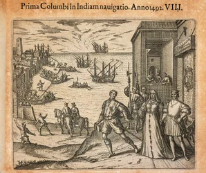 La reine Isabelle et le roi Ferdinand saluant le départ de Christophe Colomb à Palos, Espagne, gravure de Theodor de Bry