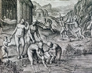 Remèdes utilisés par les indigènes contre les maladies, gravure tirée de Historia America, par Theodor de Bry (1528-1598), Francfort
