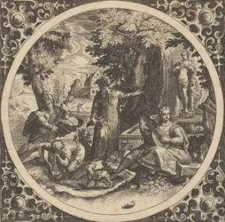 Scène avec un avertissement contre les maladies vénériennes dans un cercle au centre, 1580-1600