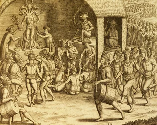 Rite religieux indigène sud-américain, gravure de Historia americae, par Theodor de Bry, Francfort