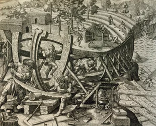 Marins espagnols construisant une caravelle, gravure tirée de Historia Americae, par Theodor de Bry