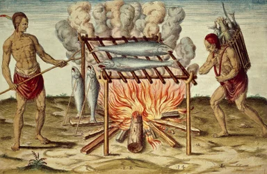Autochtones taïnos cuisinant du poisson, gravure en couleur de Theodor de Bry (1528-1598) d