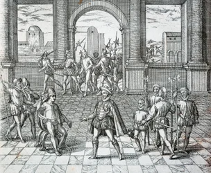 Le roi inca Atahualpa capturé par les Espagnols à Cajamarca, Illustration de l