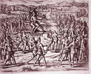 Le roi inca, Atahualpa (ou Atabaliba), tenant un sceptre en forme de soleil, est porté sur une litière pour rencontrer Francisco Pizarro (Gravure)