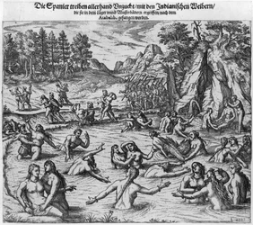 Les Espagnols maltraitant les femmes indiennes après la capture du roi Atahualpa (v. 1502-33) en 1532