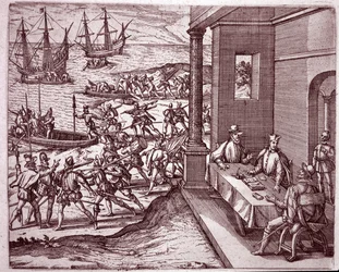 Les conquistadors espagnols Francisco Pizarro, Diego de Almagro et Hernando de Luque unissent leurs forces pour conquérir le Pérou. Gravure