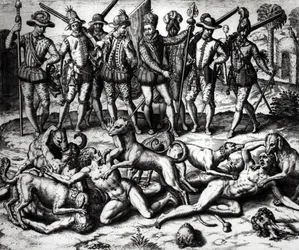 Les chiens de Vasco Núñez de Balboa (1475-1571) attaquant les Indiens