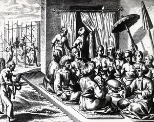 Cérémonie de mariage à Bantam, Île de Java, par Theodor de Bry, gravure