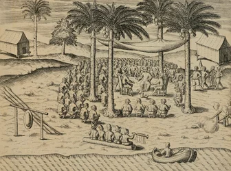 Accueil des indigènes africains, Illustration de Indiae Orientalis par Antonio Pigafetta, par Theodore de Bry