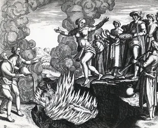 Femme se jetant sur le bûcher de son mari, par Theodor de Bry (1528-1598), gravure
