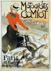 Affiche publicitaire pour les motocyclettes Comiot. Une jeune femme sur une mobylette roule parmi un groupe d