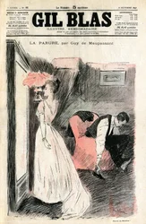 Illustration de Steinlen pour la nouvelle de Guy de Maupassant « La Parure ». Madame Loisel se regarde dans le miroir tandis que son mari lui enlève ses chaussures. Elle découvre qu