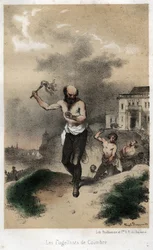 Les flagellants de Coimbre : les Jésuites de Coimbra au Portugal font pénitence pour leurs péchés en public en se flagellant vers 1560. Gravure de 1845 dans "L