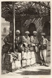 Un café arménien, lieu de convivialité masculine pour boire du café et fumer la pipe (illustration du voyage en Lazistan et Arménie, par Théophile Deyrolles, 1869, publié dans "Le tour du monde" 1875)