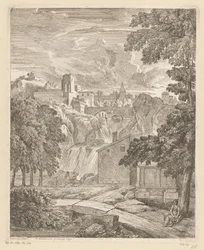 Paysage arcadien avec une cascade et une femme sous un arbre