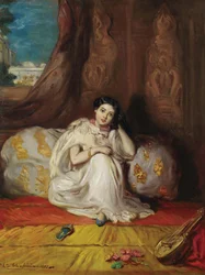 Jeune fille mauresque, assise dans un riche intérieur, Almée, 1853.