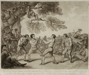 Le match de boxe entre Daniel Mendoza et Richard Humphreys à Stilton, Huntingdonshire, 6 mai 1789, gravé par Joseph Grozer