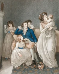 Scène de famille aisée de la fin du 18e-début du 19e siècle.