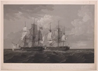 Cette plaque représentant la frégate française La Proserpine de 40 canons abaissant ses couleurs devant la frégate de Sa Majesté Dryad de 36 canons au large du cap Clear, le 13 juin 1796... dédiée au capitaine... Lord Amelius Beauclerk...