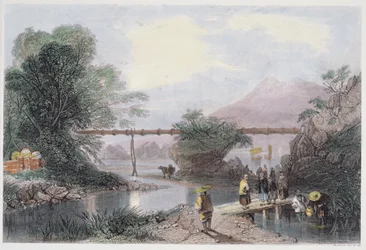 Aqueduc en bambou à Hong Kong, gravé par Henry Adlard, de 
