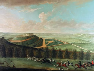Vue du château de Belvoir depuis le sud-ouest, avec la chasse de Belvoir en pleine poursuite, 1730
