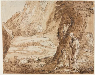 Paysage avec moutons et deux bergers