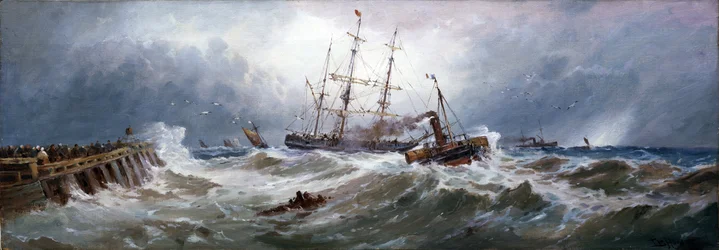 Un remorqueur français tirant un bateau dans le port de Boulogne (France), par mer difficile