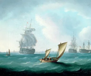Navires de guerre britanniques et une carcasse dans la houle, un voilier au premier plan