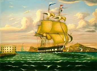 Navire postal passant le château Williams, port de New York