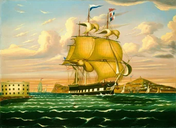 Packet Ship Passing Castle Williams, New York Harbor, milieu du 19e siècle (huile sur toile)