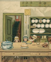 Vie domestique : Enfants dans la cuisine du rez-de-chaussée