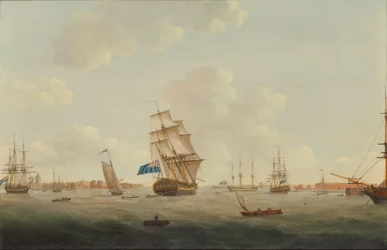 Panorama du port de Portsmouth avec des hommes de guerre et d