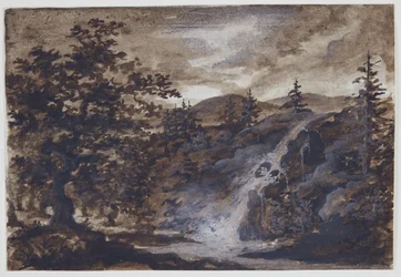 Paysage avec rochers, arbres et une rivière