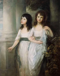 Portrait de groupe des demoiselles Sloper, toutes deux debout presque en longueur totale en robes blanches avec des ceintures bleues
