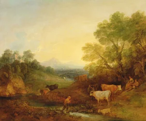 Paysage avec du bétail et des figures près d