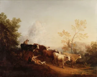 Soirée; Un paysage avec du bétail rentrant à la maison