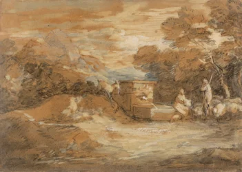 Paysage de montagne avec figures, moutons et fontaine